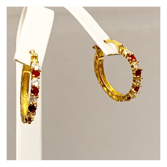 Gold tone hoop earrings with red and clear stones - Picture 8 of 11